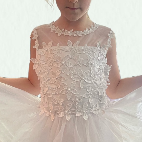 US Angels Regina White Communion Flower Girl Dress Floral Bodice Size 10 - Picture 6 of 11